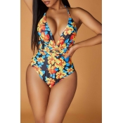 Lovely V Neck Print Multicolor One-piece Swimsuit