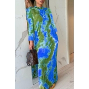 Lovely Casual O Neck Print Skinny Green Maxi Dress