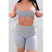 Lovely Casual Basic Crop Top Grey Two-piece Shorts