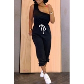 LW Casual One Shoulder Black Two-piece Pants Set