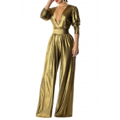 Lovely Casual Deep V Neck Gold One-piece Jumpsuit