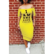 Lovely Casual Letter Print Yellow Mid Calf Dress