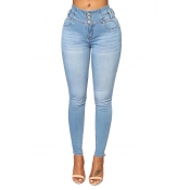 Lovely Casual  Button Skinny Baby Blue Jeans