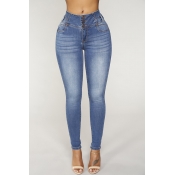 Lovely Casual  Button Skinny  Blue Jeans