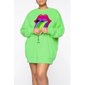Lovely Casual Lip Print Green Plus Size Hoodie