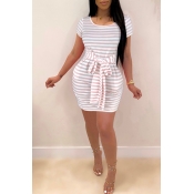 Lovely Casual O Neck Striped Pink Mini Dress