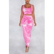 Lovely Casual Tie-dye Rose Red Two-piece Skirt Set