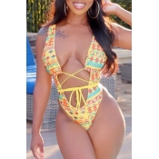 Lovely Bandage Design Yellow Bathing Suit One-piec