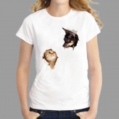 Lovely Casual Dog And Cat Print White Plus Size T-