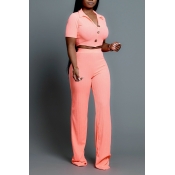 Lovely Leisure Buttons Design Pink Two-piece Pants
