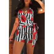 Lovely Trendy Striped Print Rose Red One-piece Rom