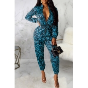 Lovely Casual Leopard Print Blue One-piece Jumpsui