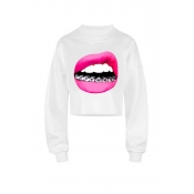 Lovely Casual Lip Print White Sweatshirt Hoodie