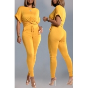 Lovely Casual Skinny Yellow Two-piece Pants Set