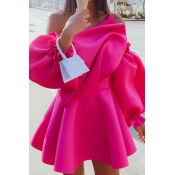 Lovely Leisure Flounce Design Rose Red Mini Dress