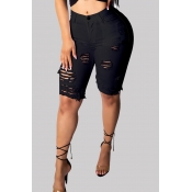 LW High Stretchy Hollow-out Black Shorts