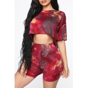 Lovely Casual Tie-dye Red Two-piece Shorts Set