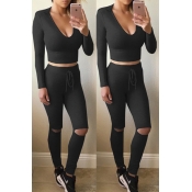 Lovely Casual Hollow-out Black Two-piece Pants Set