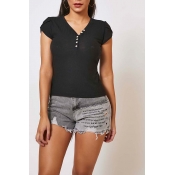 Lovely Casual V Neck Button Black T-shirt