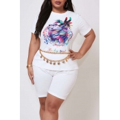 Lovely Casual Print White Plus Size Two-piece Shor