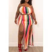 Lovely Casual Striped Red Plus Size Two-piece Skir