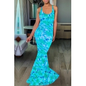 Lovely Trendy Floral Print Blue Trailing Dress