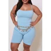 Lovely Casual Basic Baby Blue Plus Size One-piece 