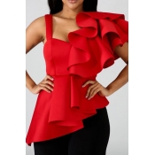 Lovely Trendy Flounce Design Red Blouse