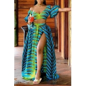 Lovely Bohemian Print Blue Two-piece Skirt Set(Bat