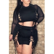 Lovely Trendy Bandage Design Black Plus Size Two-p