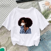 LW Casual Cartoon Print White T-shirt