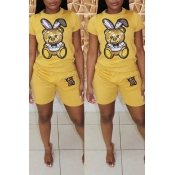 LW Casual Cartoon Print Yellow Two-piece Shorts Se