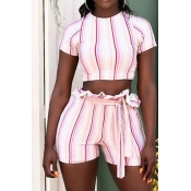 Lovely Casual Striped Print Pink Two-piece Shorts 