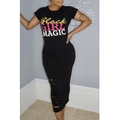 LW Casual O Neck Letter Print Black Mid Calf T-shi