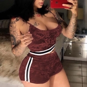 Lovely Sportswear Patchwork Wine Red Two-piece Sho
