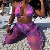 Lovely Sexy Tie-dye Purple Plus Size Two-piece Pan