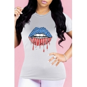Lovely Leisure O Neck Lip Print Grey T-shirt