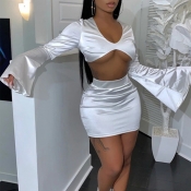 Lovely Sexy Deep V Neck White Two-piece Skirt Set