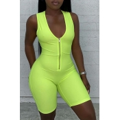 Lovely Sportswear Zipper Design Green One-piece Ro