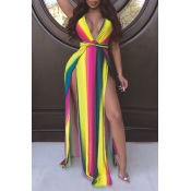LW Sexy Rainbow Striped Yellow Maxi Dress