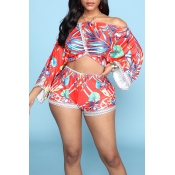 Lovely Chic V Neck Print Red Two-piece Shorts Set