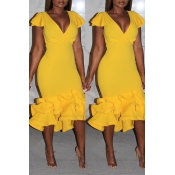 Lovely Trendy Flounce Design Yellow Mid Calf Dress