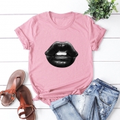 Lovely Casual O Neck Lip Print Dusty Pink Plus Siz