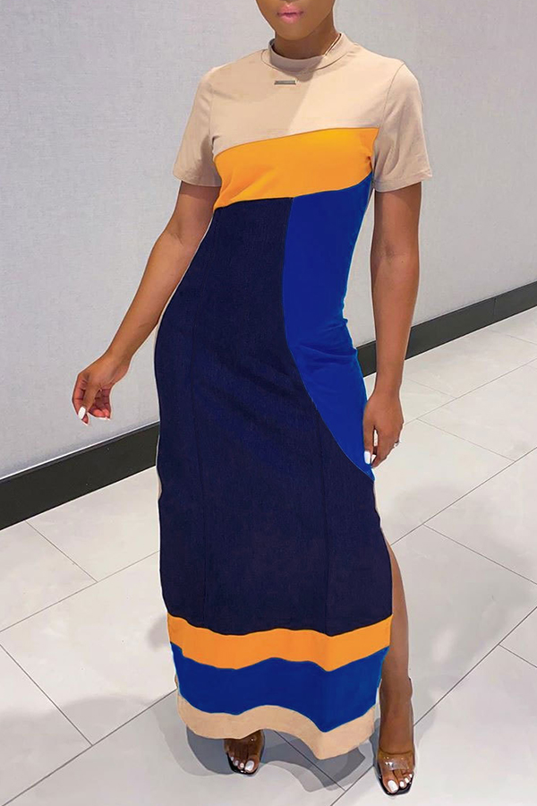 

Lovely Casual O Neck Patchwork Beige Ankle Length Dress