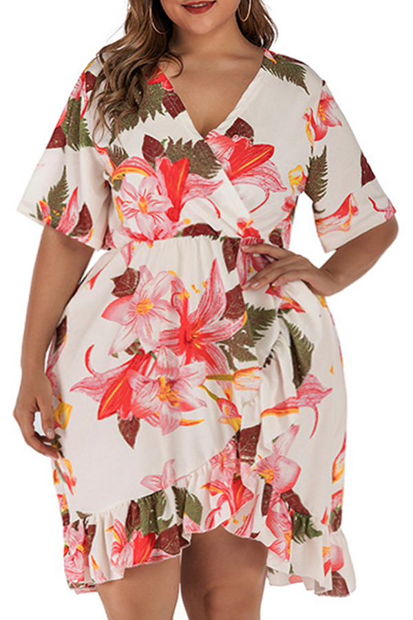 Lovely Bohemian V Neck Print White Knee Length Plus Size Dress