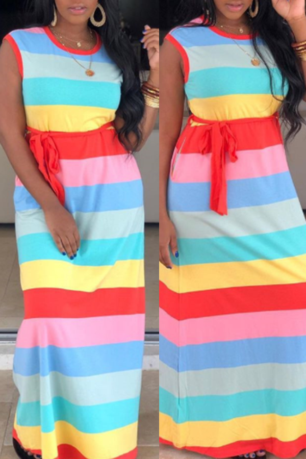 

Lovely Casual Striped Printed Multicolor Floor Length Dress, Multi