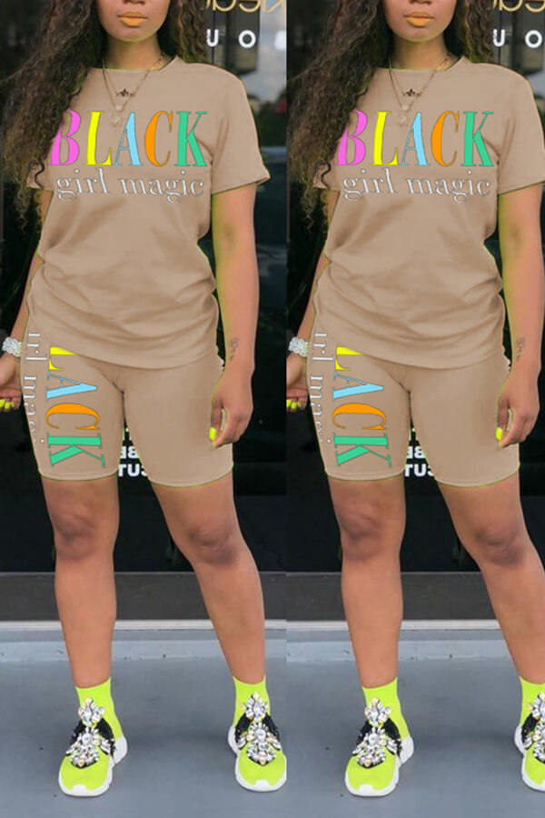 

LW Leisure Letter Print Apricot Two-piece Shorts Set