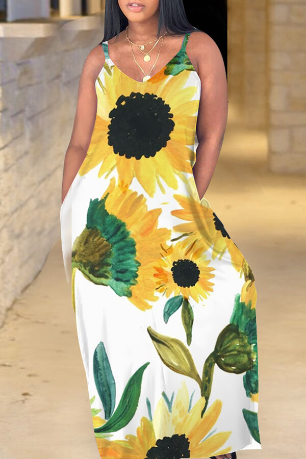 

Lovely Bohemian V Neck Sunflower Print Yellow Maxi Dress