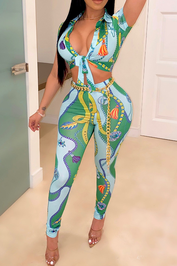 

Lovely Bohemian Print Green Two-piece Pants Set