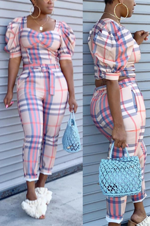 

Lovely Trendy Grid Print Pink Two-piece Pants Set